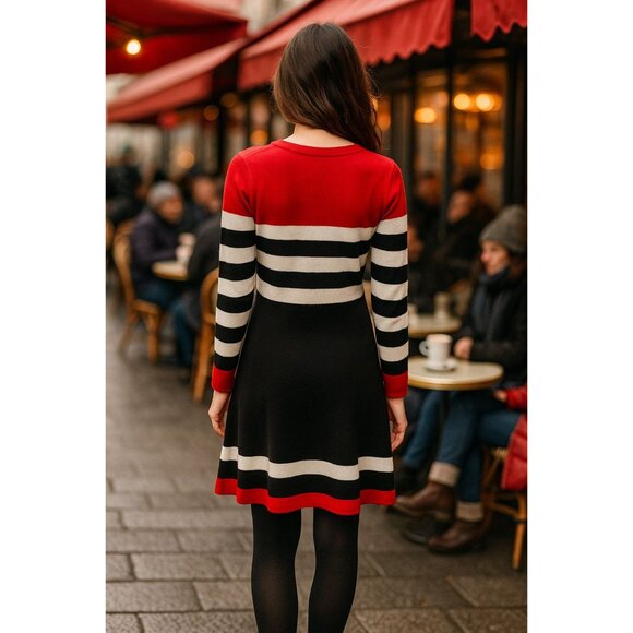 Andrew Marc New York Small Red Black Stripe Knit Dress Mod Revival Parisian Styl - Picture 6 of 11